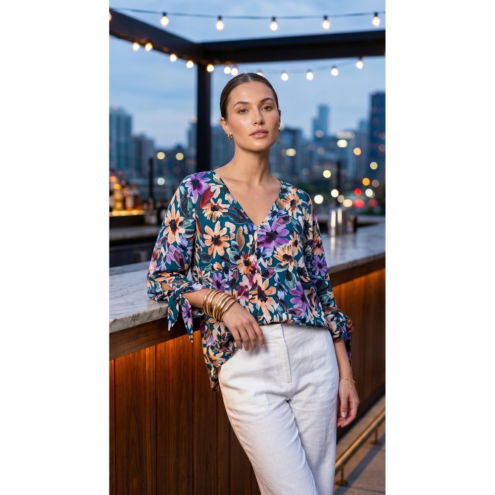 Umgee Dark‎ Grern Multicolor Floral Satiny V-neckline Balloon Sleeve XL
